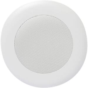Round white ceiling speaker with mesh cover.