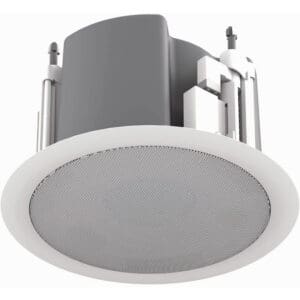 Ceiling-mounted round speaker with white grille.