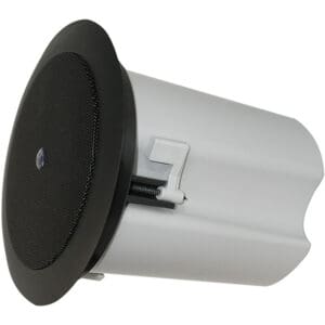 Ceiling-mounted round speaker with black grille.