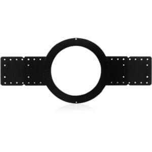 Black speaker mounting bracket with circular opening.