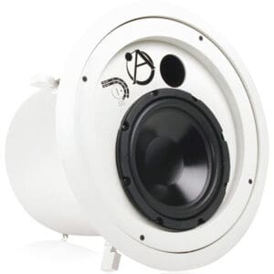 White ceiling speaker with black cone.