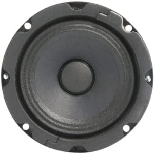 Round black audio speaker with mounting holes.
