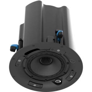 Ceiling speaker with a modern black design.