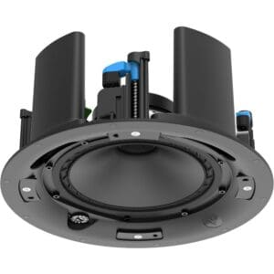 Round ceiling speaker with mounting brackets.