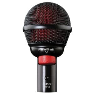 Microphone with red and black design.
