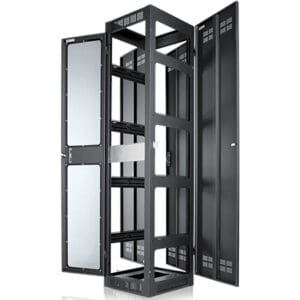 Black server rack with open doors.