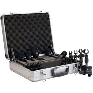 Microphone set in a silver carrying case.