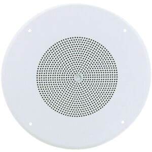 Round ceiling speaker with perforated grille.