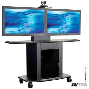 Dual-screen video conferencing equipment on wheels.