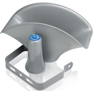 Gray satellite dish with mounting bracket.