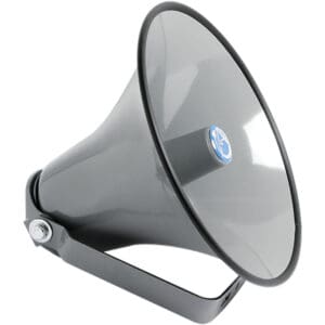 Gray loudspeaker with handle, side view.
