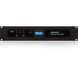 Audio amplifier with control knobs and display.