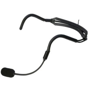 Black headset microphone with adjustable boom arm.