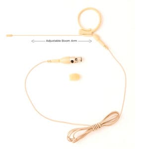 Beige headset microphone with adjustable boom arm.