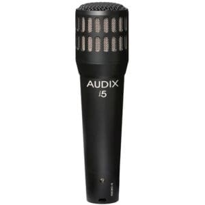 Black Audix i5 dynamic microphone on white background.