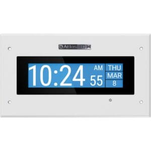 Digital wall clock displaying time and date.