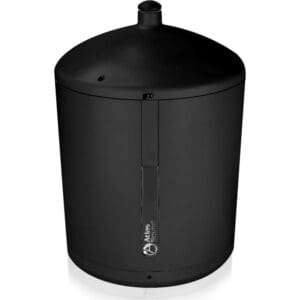 Black cylindrical speaker with top handle.