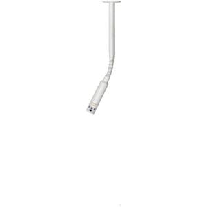 Ceiling-mounted white gooseneck lamp fixture.