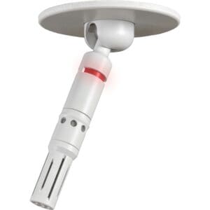 Ceiling-mounted fire sprinkler with red indicator.