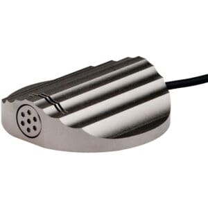 Metallic sensor with a black cable.