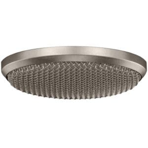 Round metal speaker with woven grille.