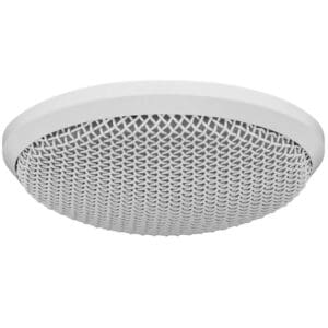 White circular ceiling speaker with mesh design.