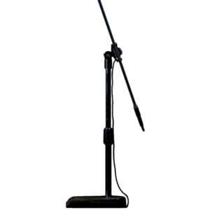 Microphone on adjustable stand, isolated background.