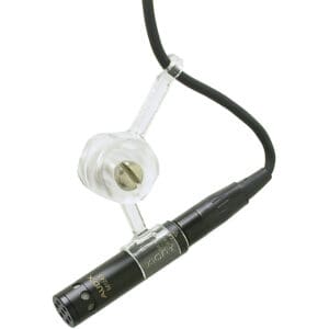 Microphone with clip and cable attached.