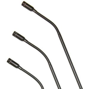 Three black gooseneck microphones facing upward.