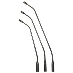 Four black gooseneck microphones on white background.