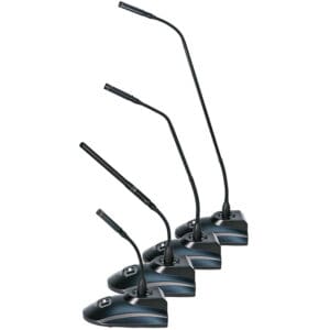 Four adjustable gooseneck microphones in a row.