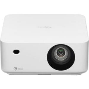White Optoma projector with lens visible.