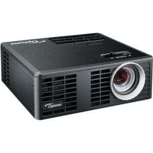 Black Optoma projector with lens and vents.