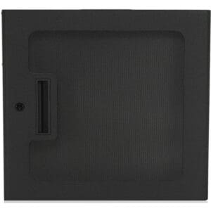 Black mesh door with handle and lock.