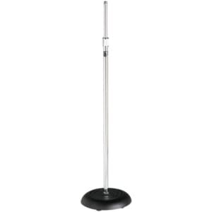 Microphone stand with adjustable height pole.