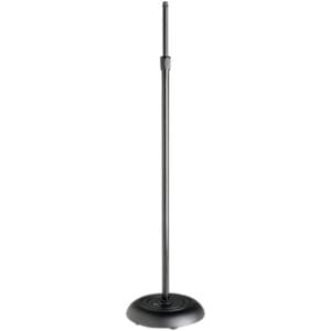 Black microphone stand with round base.