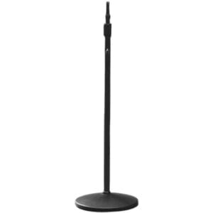 Black adjustable microphone stand on white background.
