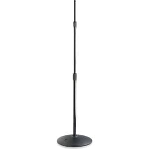 Black adjustable microphone stand on white background.
