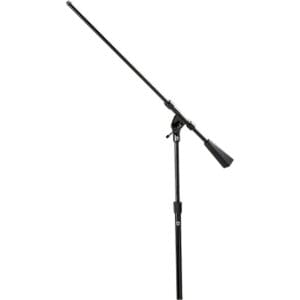 Black adjustable microphone stand on white background.