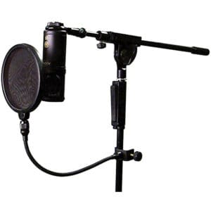 Microphone with pop filter and stand.