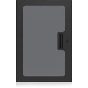 Black wall-mounted cabinet with glass door.