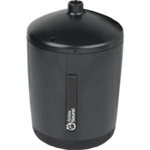 Black cylindrical audio speaker with logo.