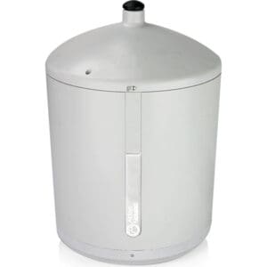 White cylindrical speaker with black top cap.