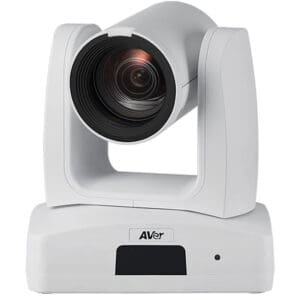 White video conference camera on stand.