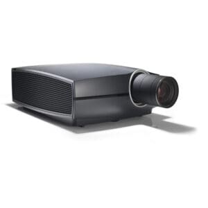 Black modern multimedia video projector on display.