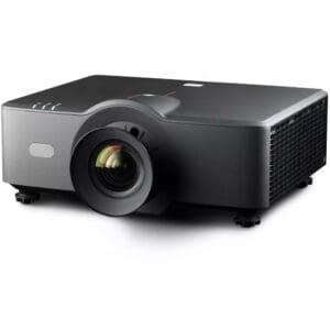 Black digital projector with lens and vents.