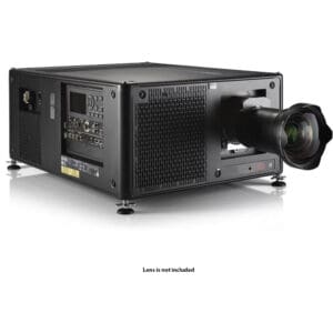 Large black projector with multiple input ports.
