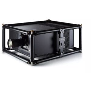Black box-shaped projector in metal frame.