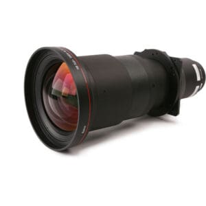 Professional camera lens with black and red design.