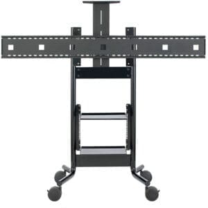Mobile TV stand with wheels, black frame.